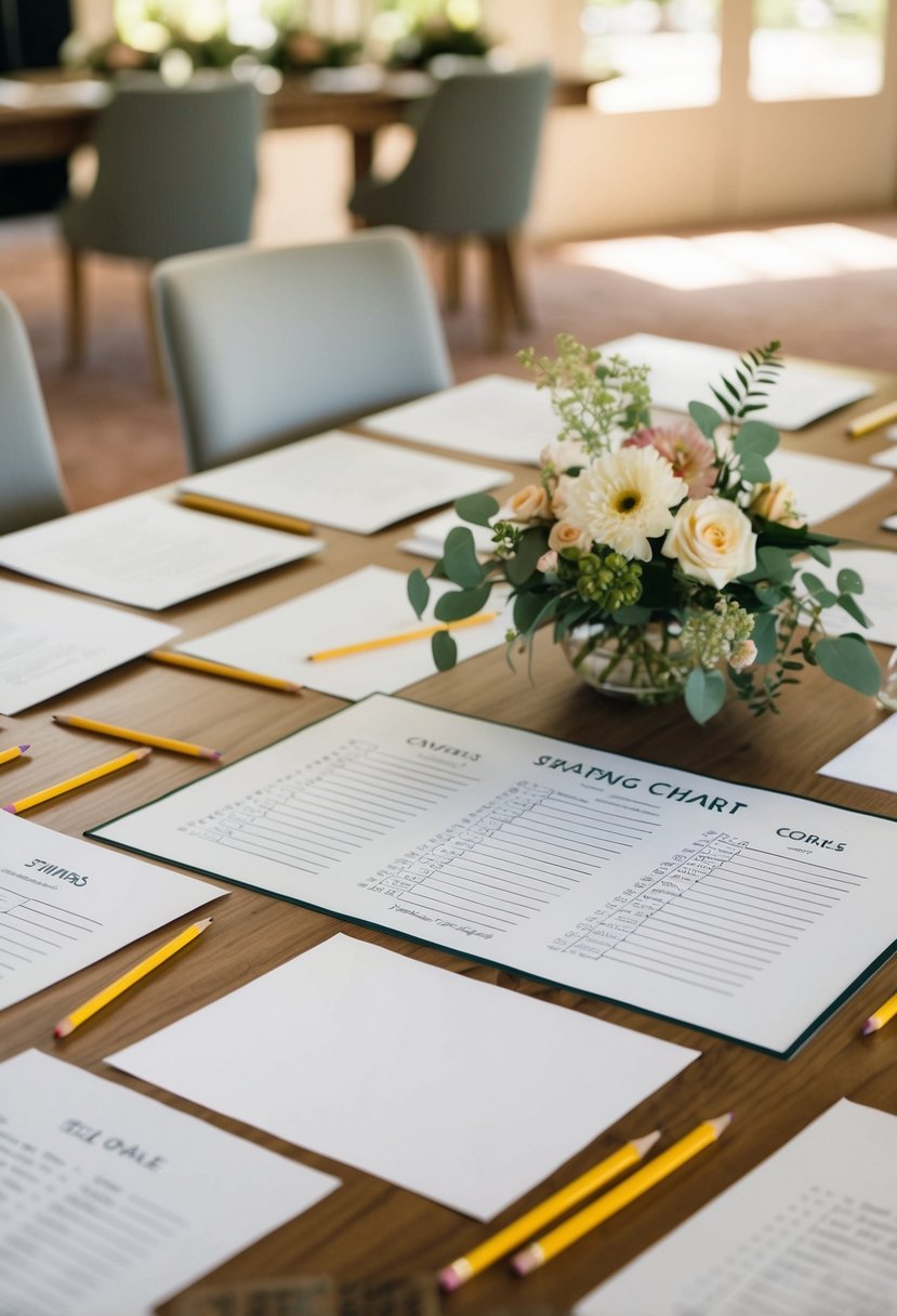 A table with a seating chart, surrounded by scattered papers and pencils. A couple of empty chairs and a floral centerpiece complete the scene