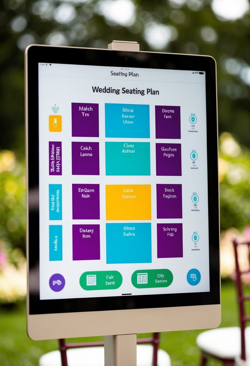 A digital screen displaying a wedding seating plan with color-coded tables, guest names, and assigned seats. Icons for editing and rearranging are visible