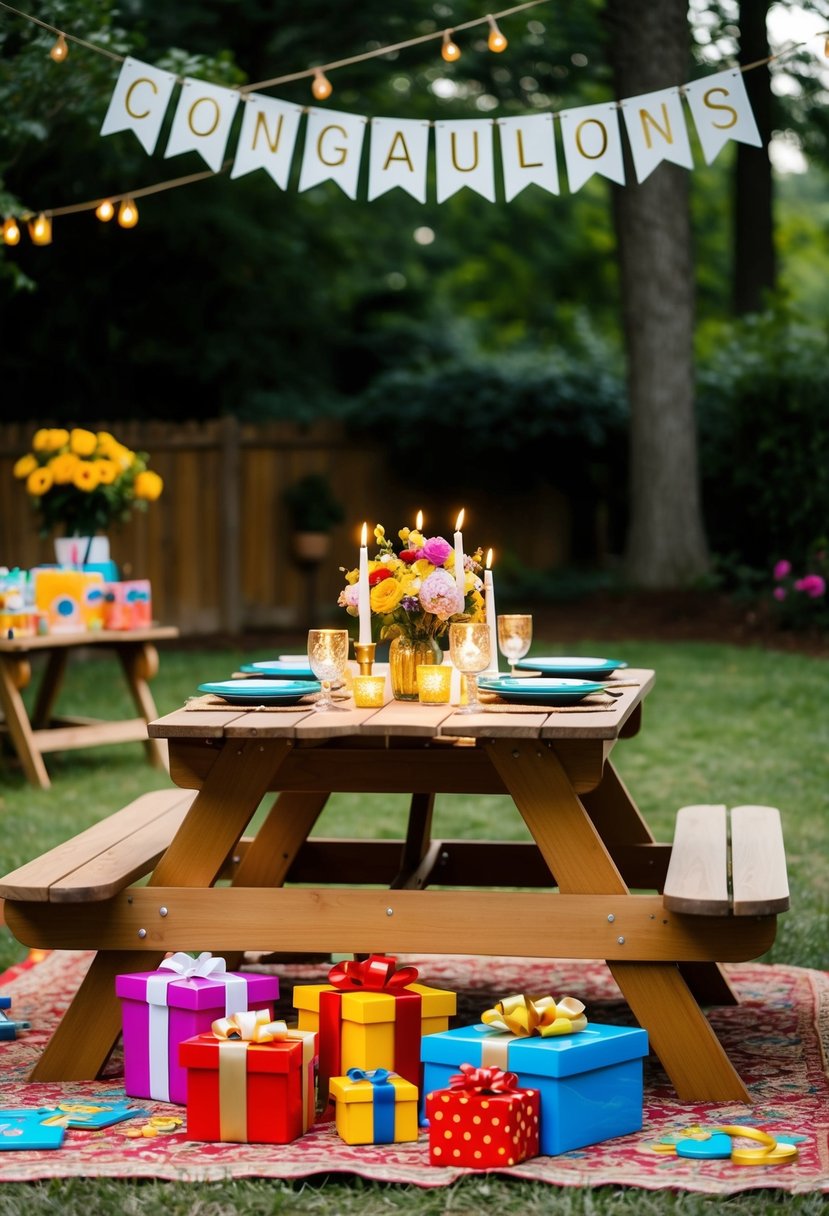 A cozy backyard setting with a picnic table adorned with flowers and candles. A variety of games and gifts are scattered around, and a banner with "Congratulations" hangs overhead