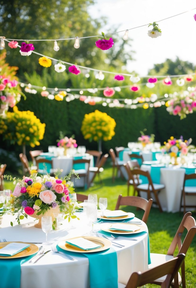 A colorful garden party with blooming florals, tables set for a wedding shower