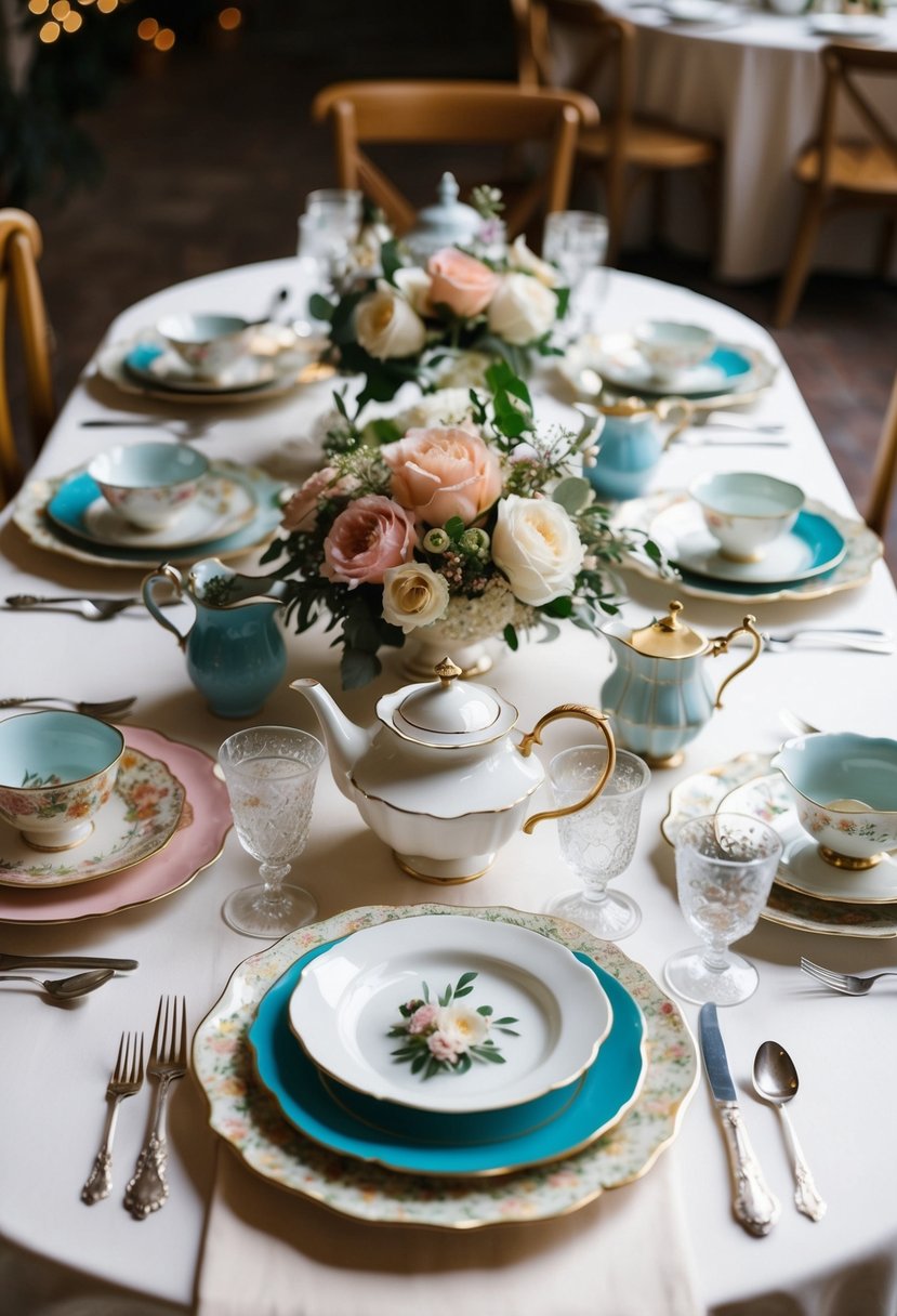 A table set with mismatched vintage china, teapots, and floral centerpieces for a cozy tea party wedding shower