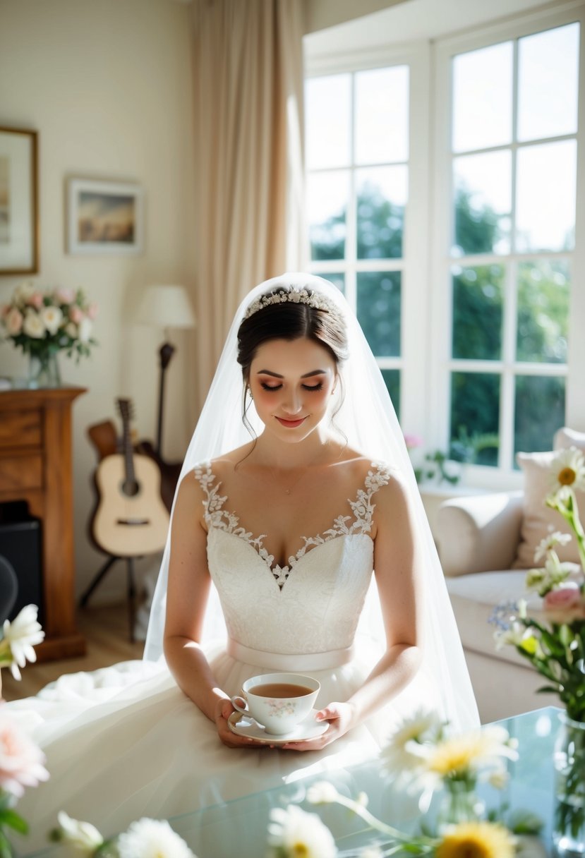 A serene bride sits in a sunlit room, surrounded by soft music, flowers, and a calming cup of tea