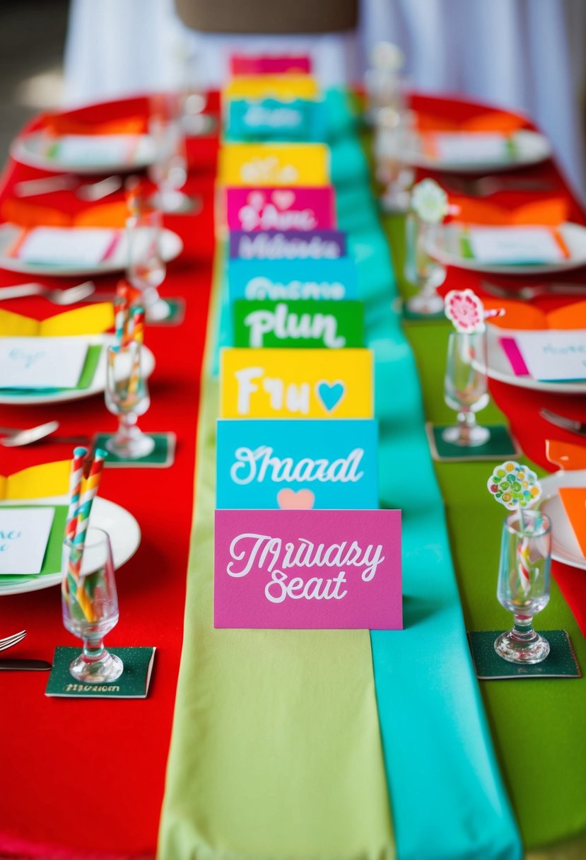 A colorful table with fun, themed place cards and small favors at each seat