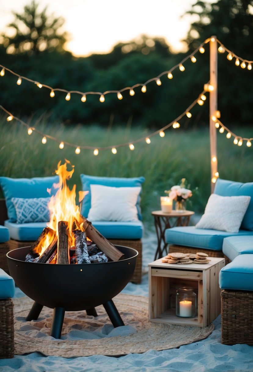 A cozy beach bonfire with a s'mores station set up nearby, surrounded by twinkling string lights and comfortable seating for a romantic wedding shower celebration