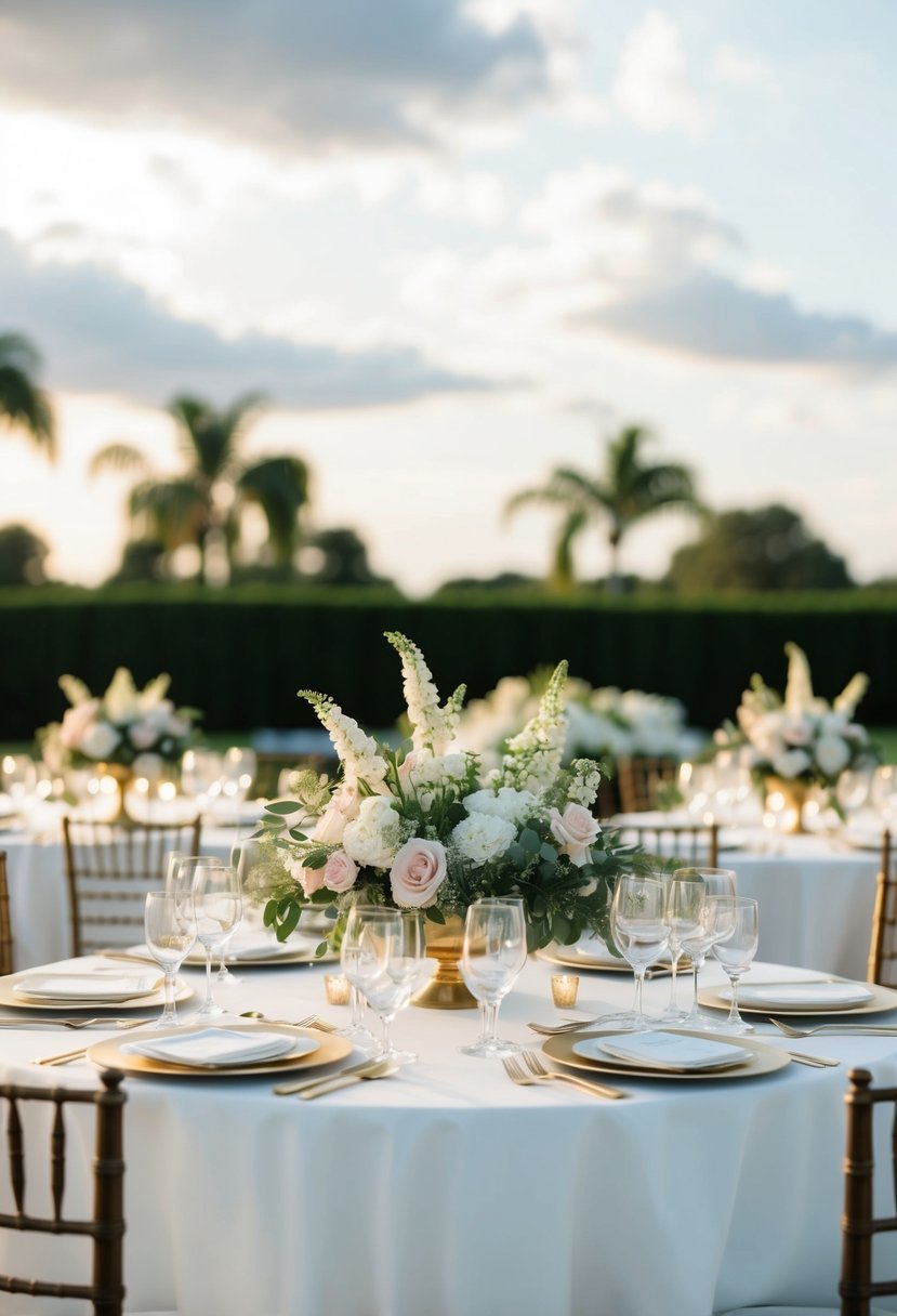 A table with elegant place settings and floral centerpieces for the bridal party seating plan tips