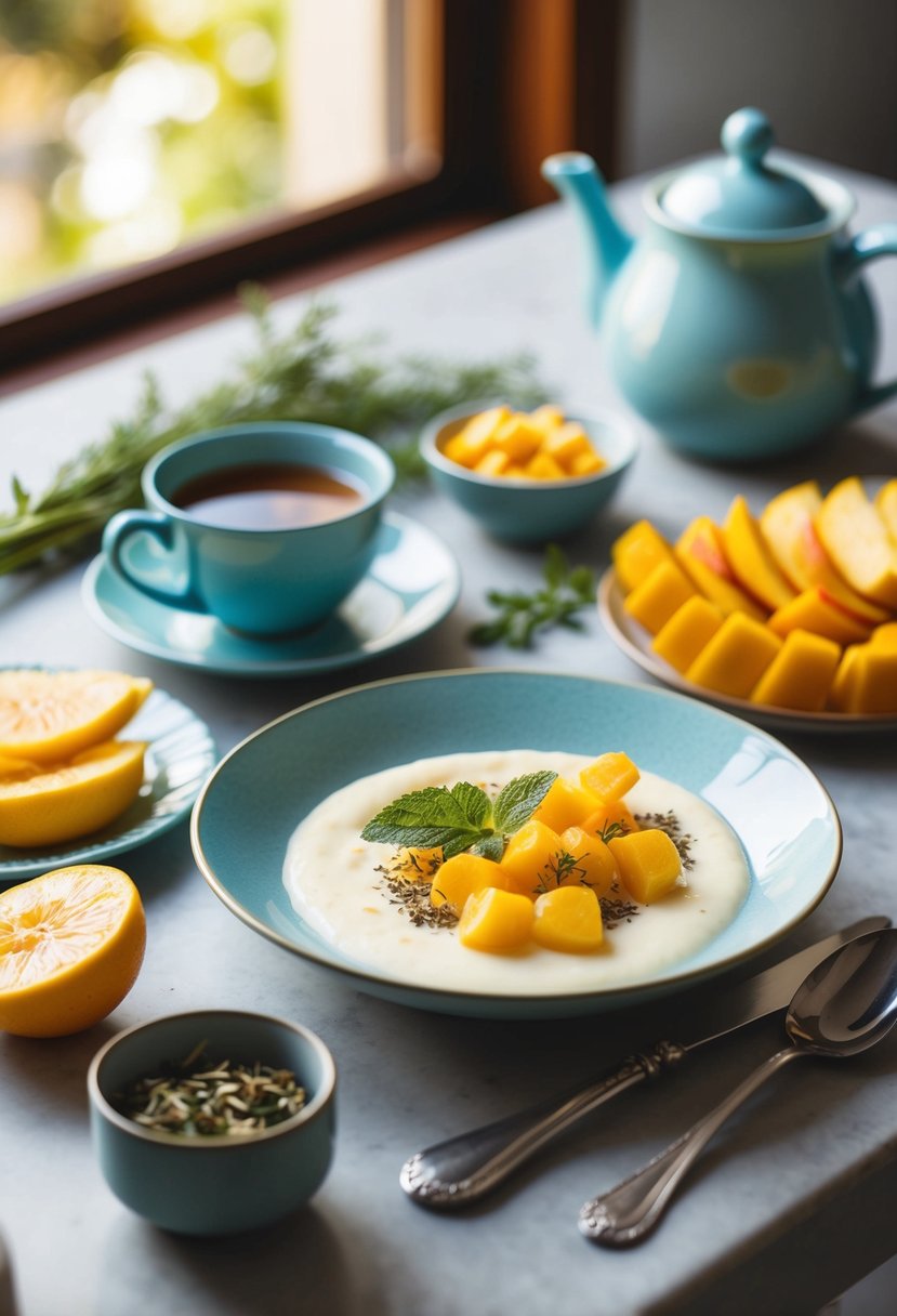 A serene breakfast spread with calming elements like herbal tea, fresh fruit, and a tranquil setting