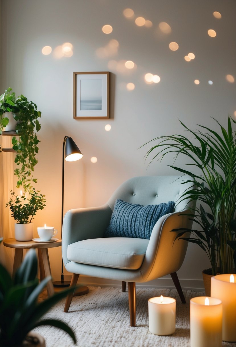 A serene room with soft lighting and a cozy chair, surrounded by calming elements like plants, candles, and a cup of tea