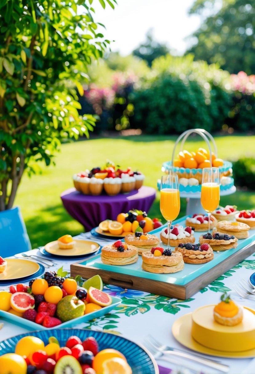 A sunny outdoor garden with a decorated table filled with various fruits, pastries, and a colorful mimosa bar