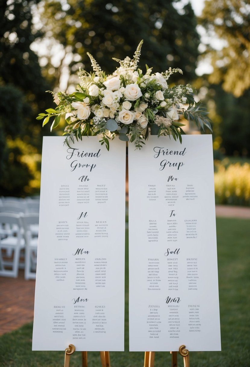 A wedding seating chart with two friend groups balanced on either side