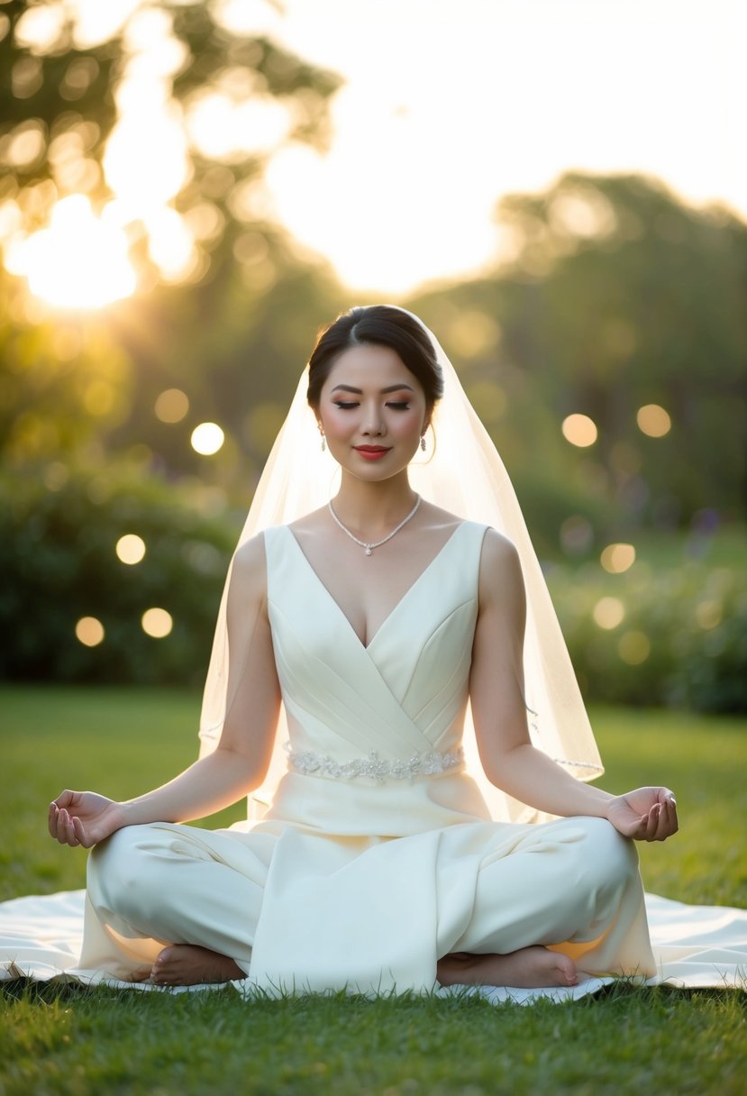 A serene bride sits cross-legged, surrounded by soft morning light, with a serene expression and a peaceful atmosphere