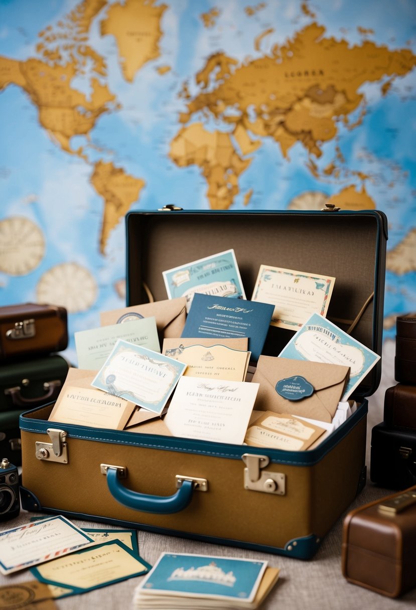 A vintage suitcase overflowing with postcard invitations, surrounded by travel-themed decor and a map backdrop