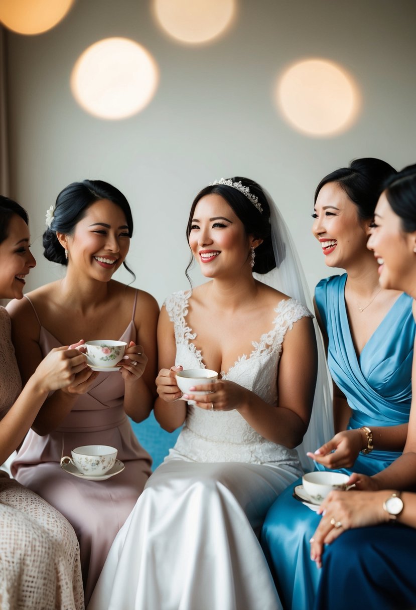 A serene bride surrounded by supportive friends, sipping tea and sharing laughter