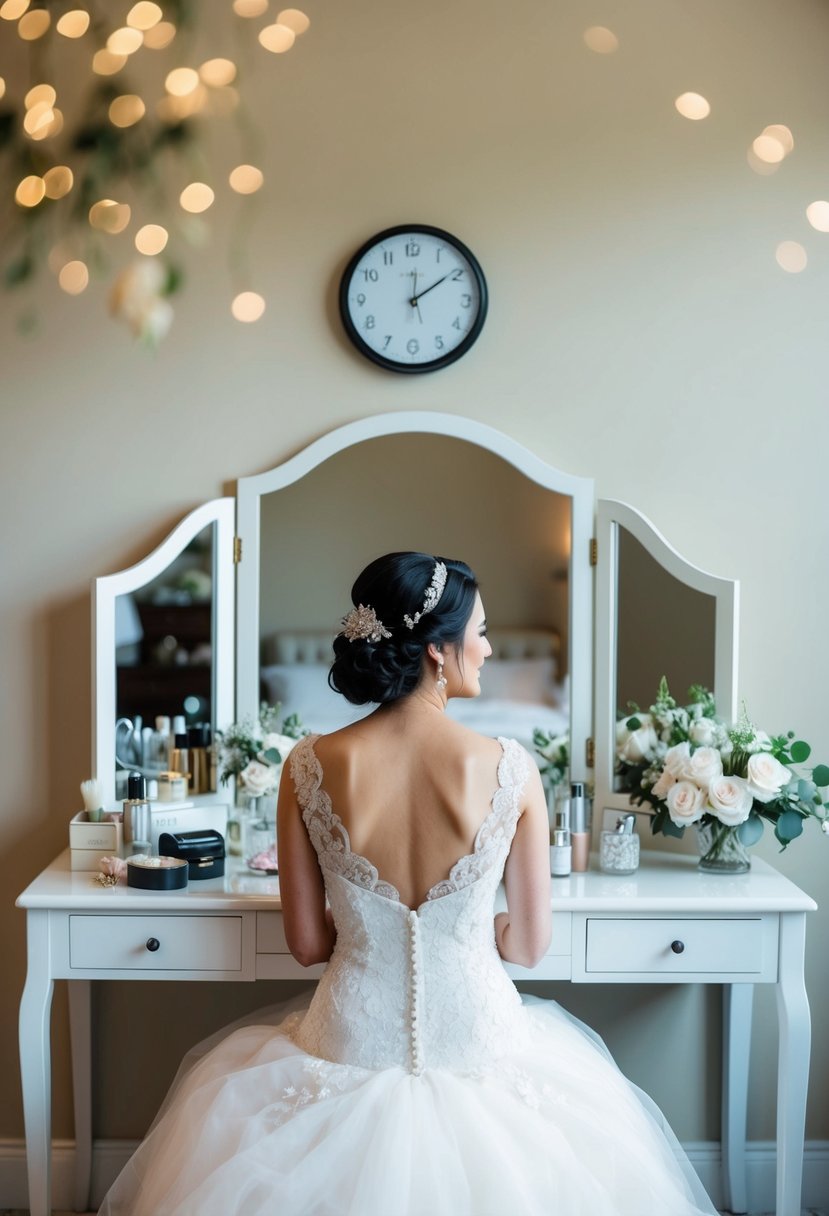 A serene bride sits at a vanity table, surrounded by wedding day essentials. A clock on the wall shows the timeline with buffer time