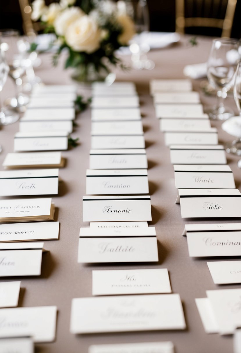 A table with elegant place cards arranged in a neat grid, each one personalized with a guest's name, adding a thoughtful touch to the wedding seating plan