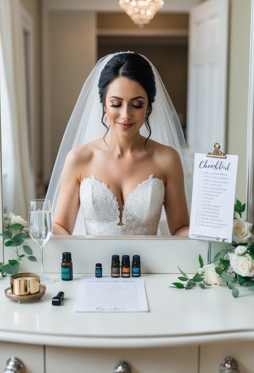 A serene bride sitting at a vanity, surrounded by a glass of water, calming essential oils, and a checklist for her wedding morning