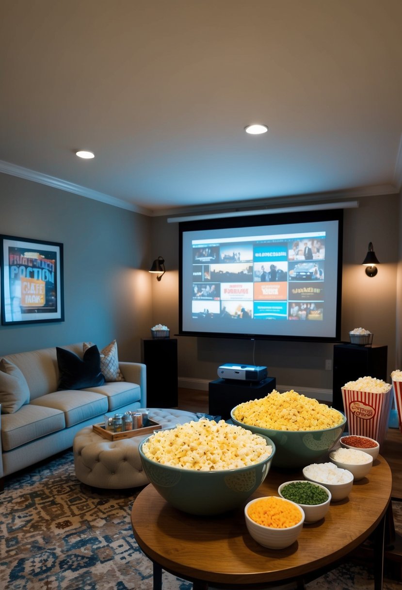 A cozy living room with a projector screen showing classic movies, surrounded by a popcorn bar with various toppings and flavors