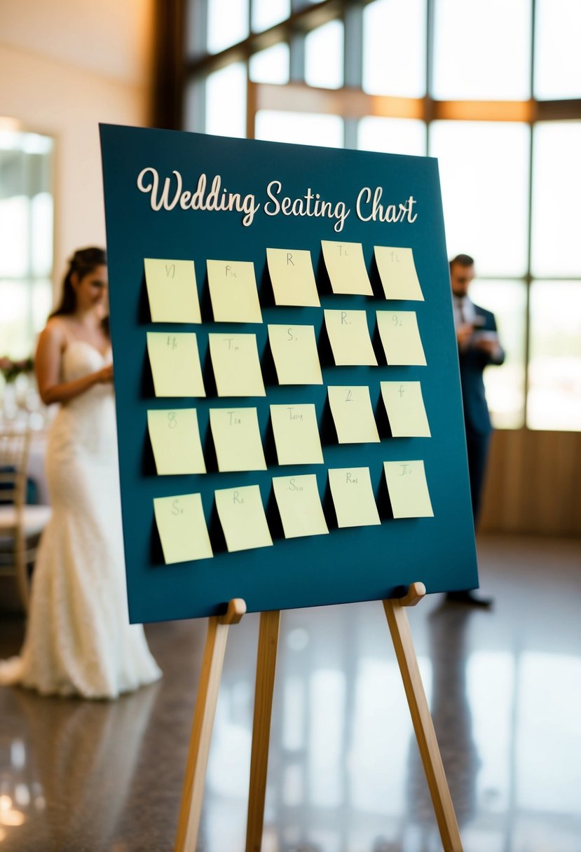 A wedding seating chart being rearranged with sticky notes on a large board