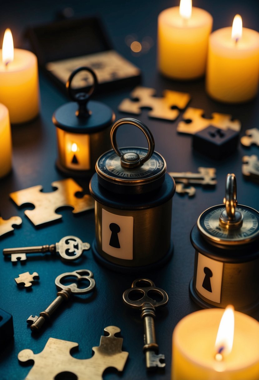 A table set with vintage keys, locked boxes, and puzzle pieces, surrounded by flickering candles and mysterious decor