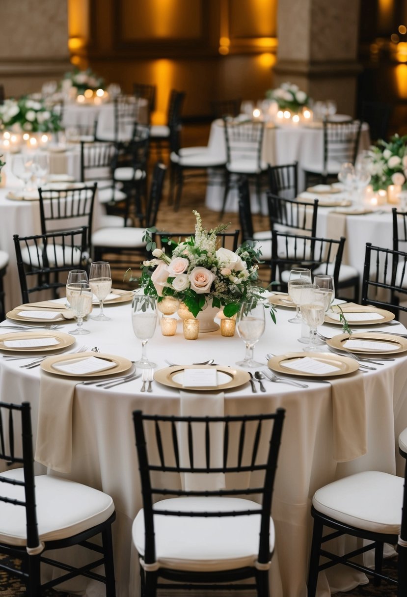 Tables spaced evenly with elegant place settings, floral centerpieces, and empty chairs for a wedding reception