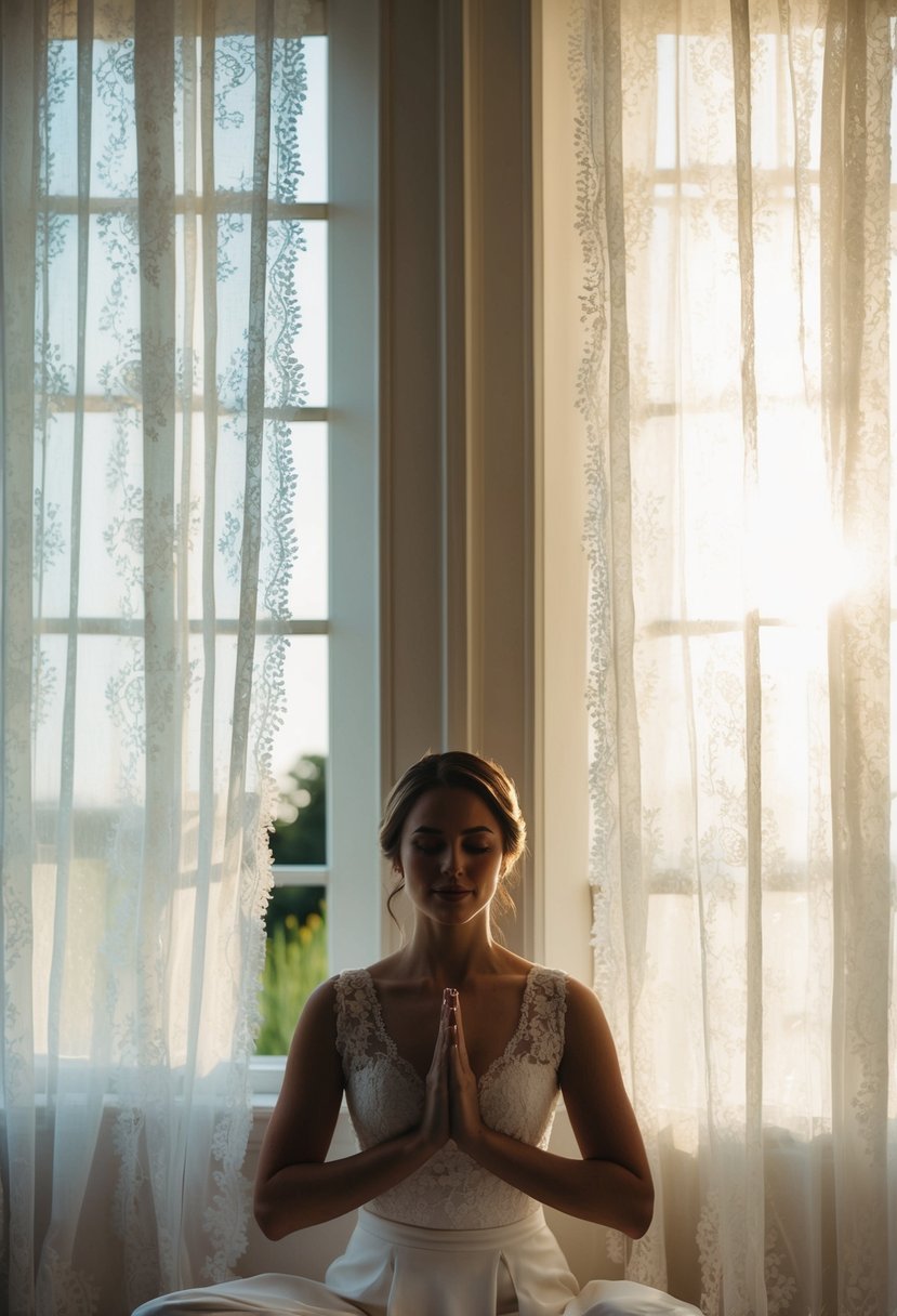 A serene wedding morning: soft sunlight filters through lace curtains as a figure sits in quiet contemplation, practicing deep breathing