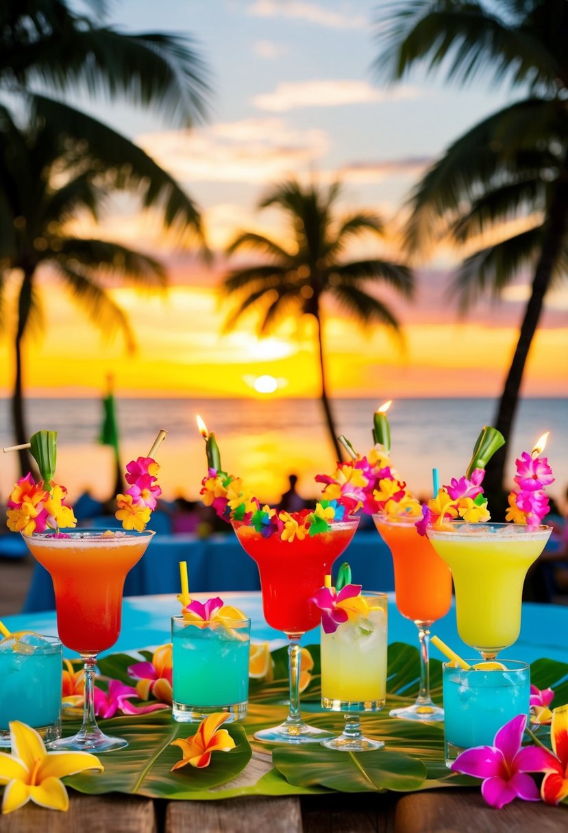 A vibrant luau party with colorful tropical cocktails, leis, and tiki torches set against a backdrop of palm trees and a beautiful sunset