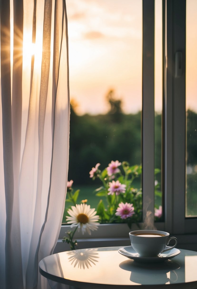 A serene morning: soft sunlight streams through billowing curtains, a cup of tea sits on a tranquil table, and a gentle breeze rustles nearby flowers