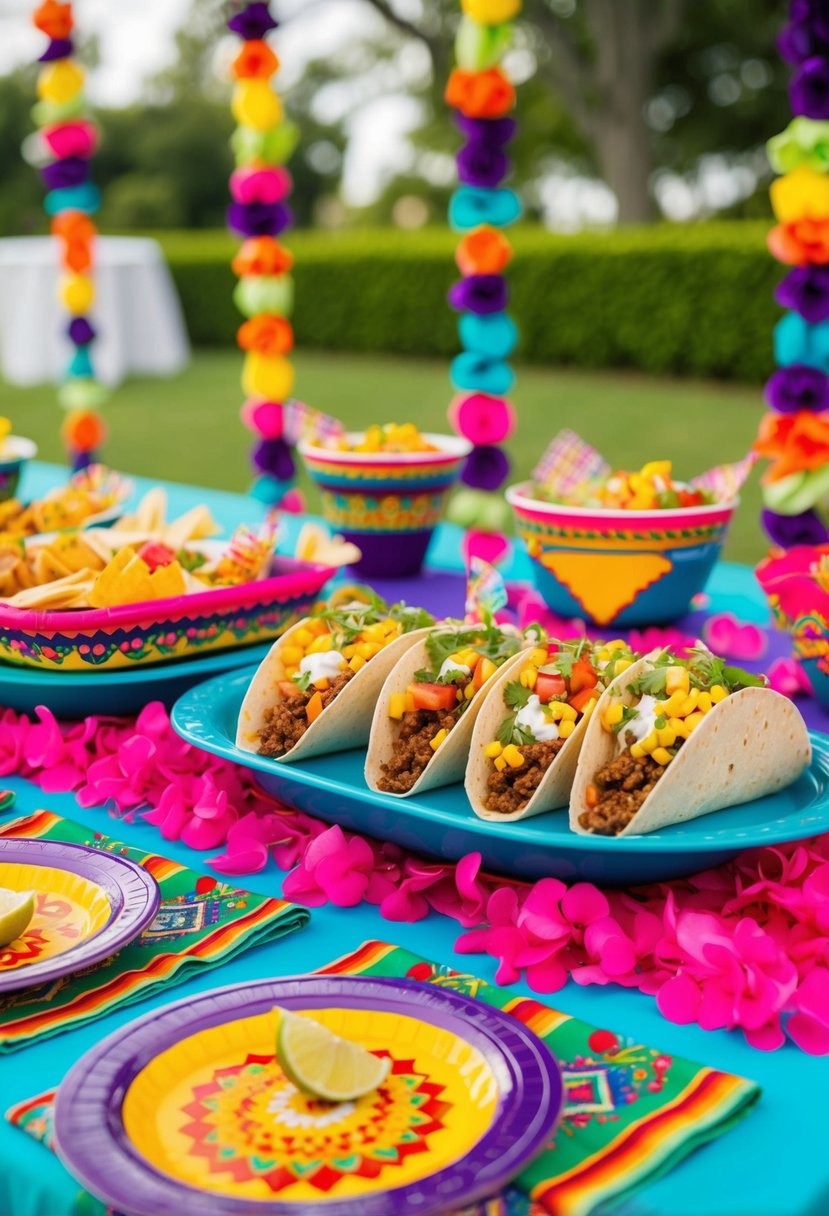 A colorful and festive taco bar set up with vibrant decorations and Mexican-themed tableware for a wedding shower celebration