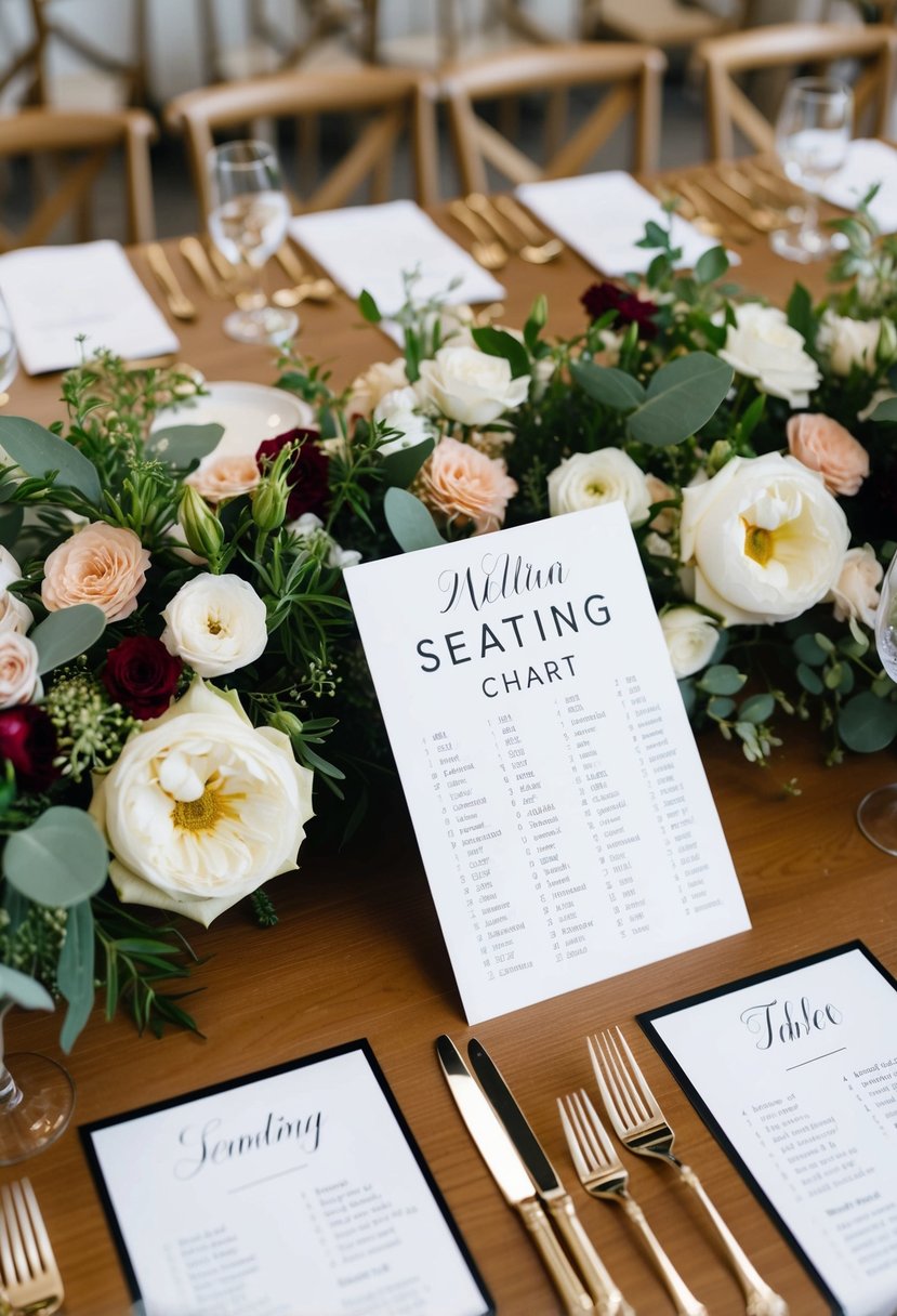 A table with a seating chart, surrounded by floral arrangements and place settings