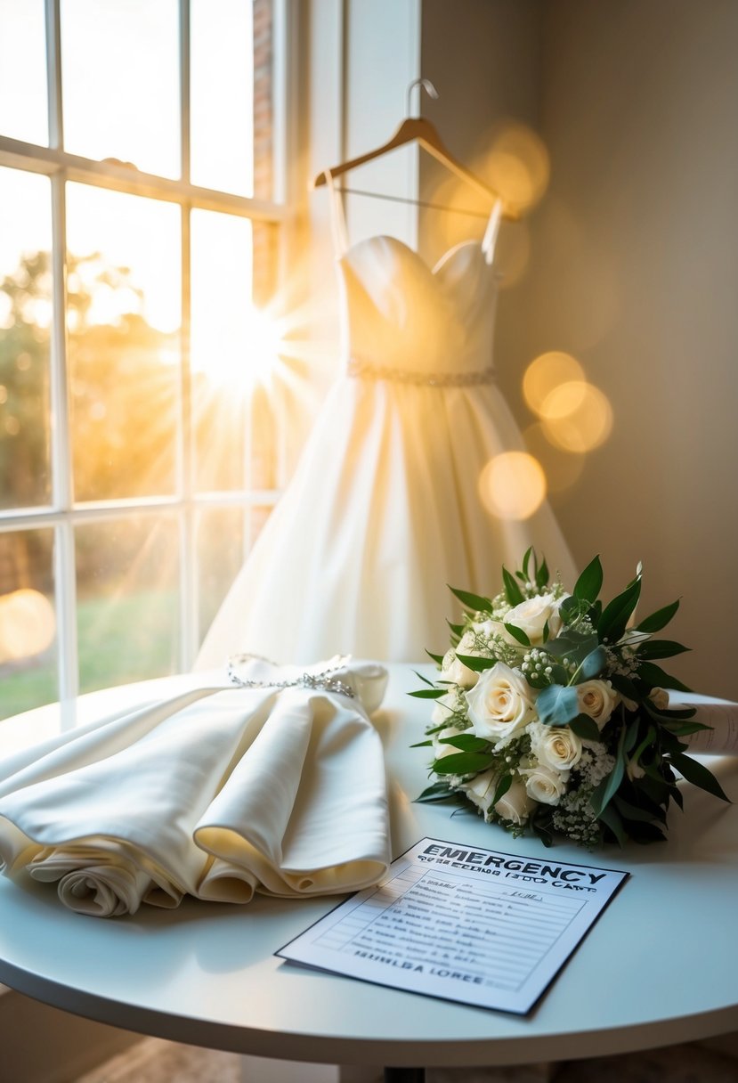 A table with a wedding dress, bouquet, and a list of emergency contacts. Sunshine streams through the window, casting a warm glow on the items