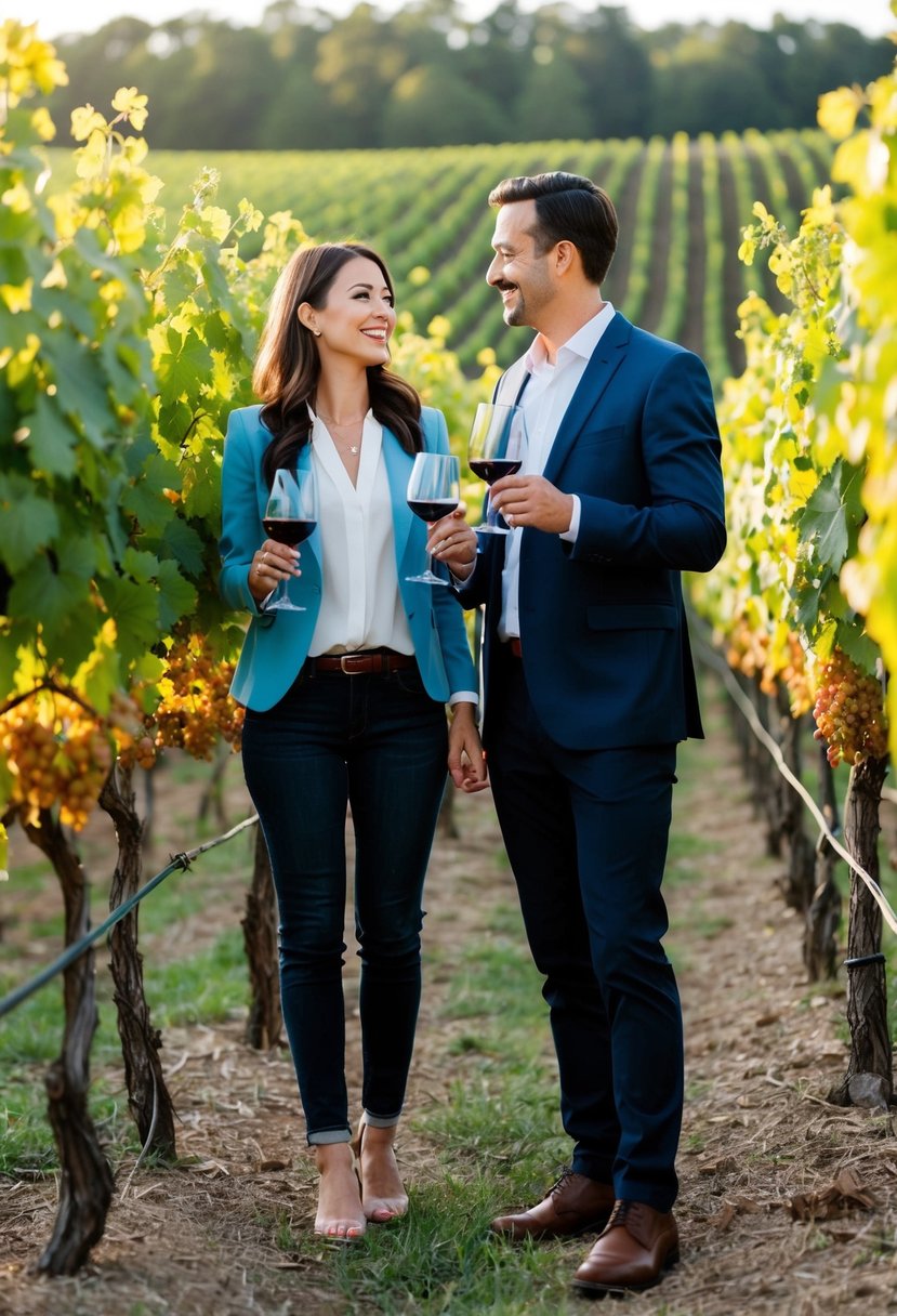 A couple stands at a vineyard, surrounded by rows of grapevines. They hold glasses of wine, tasting and enjoying the atmosphere