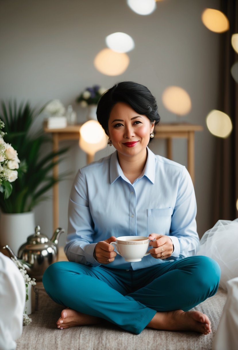 A person in comfortable clothes sits calmly with a cup of tea, surrounded by wedding preparations