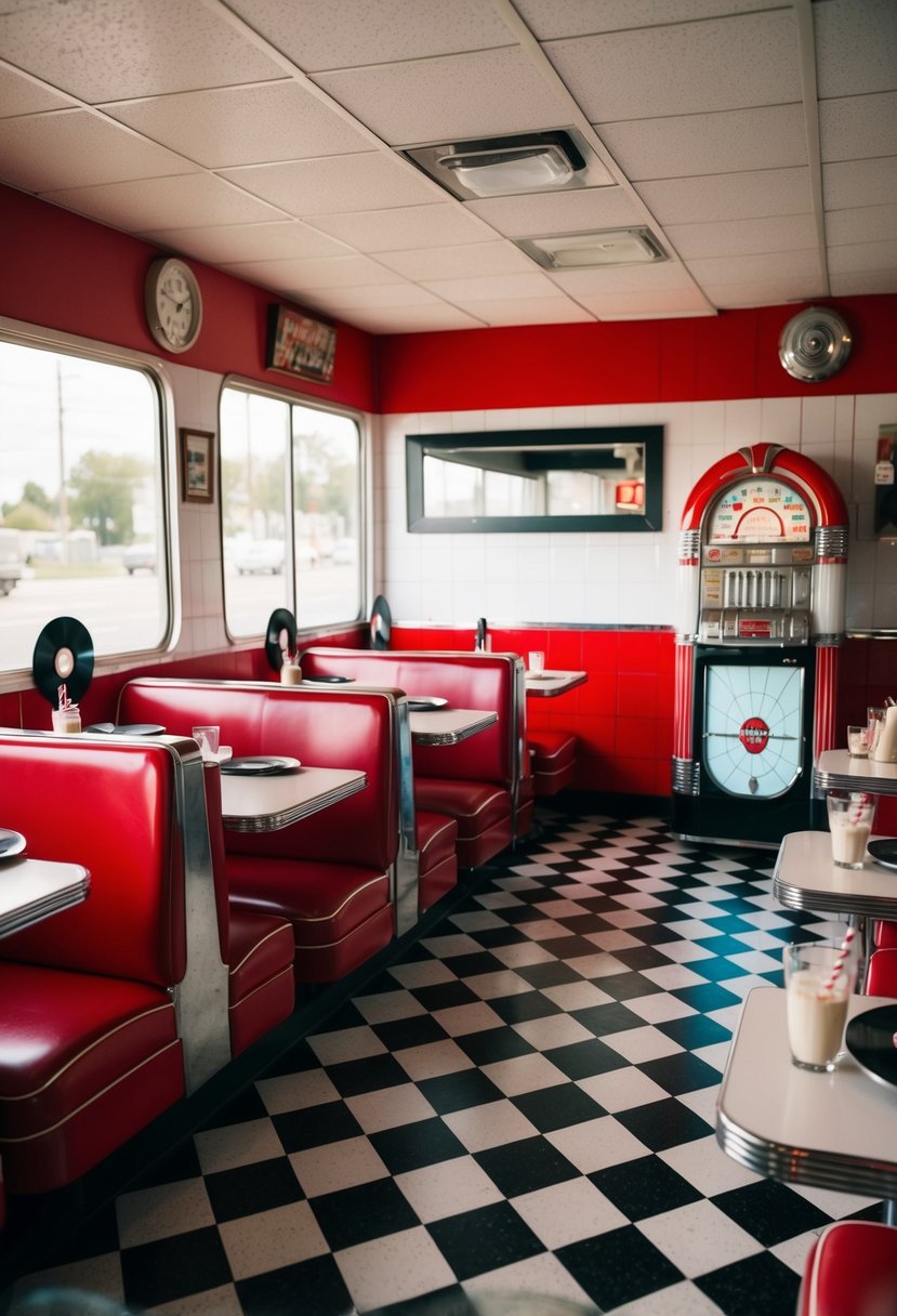 A classic 1950s diner with red booths, checkered floors, and a jukebox. Tables set with retro milkshake glasses and vinyl records as decor