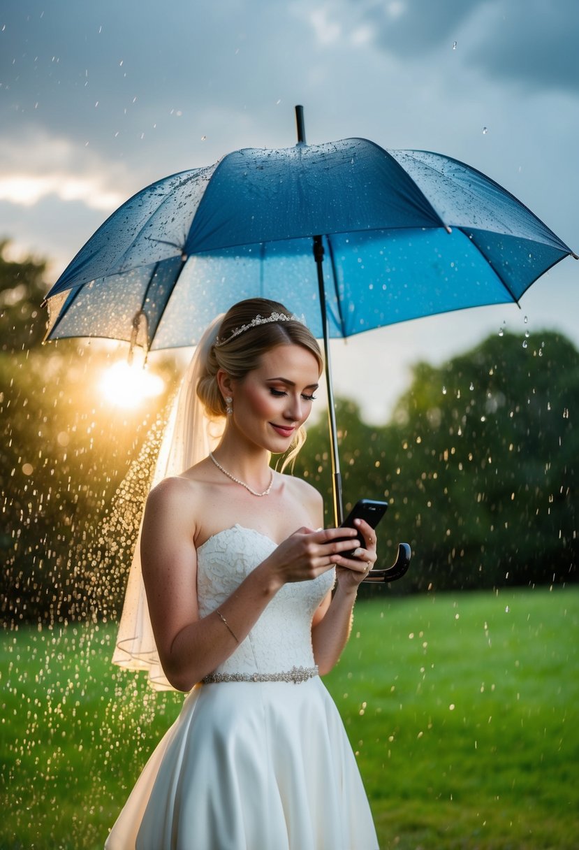 A bride stands under an umbrella, surrounded by scattered raindrops. A sunbeam breaks through the clouds, casting a warm glow on her face. She checks her phone for the weather forecast, a sense of calm and preparedness evident in her posture