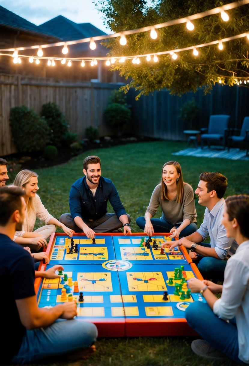 A group of friends gather in a backyard, playing giant board games under twinkling string lights. Laughter and friendly competition fill the air