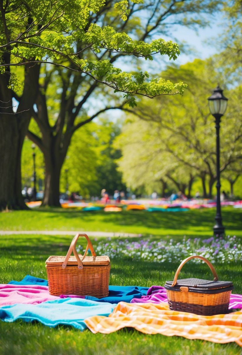 A sunny park with colorful blankets and picnic baskets spread out, surrounded by lush green trees and blooming flowers