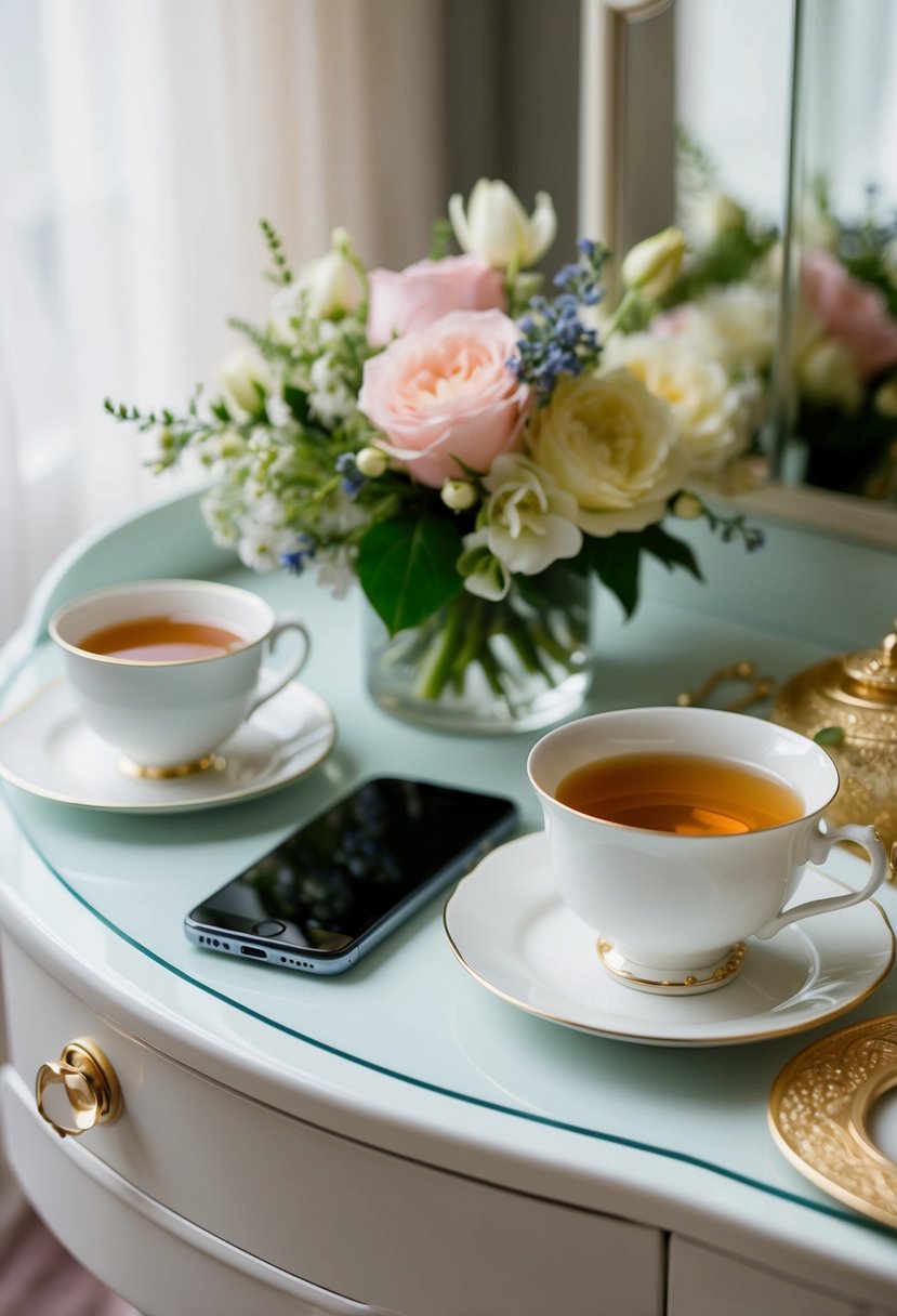 A serene bride's dressing table with a phone on silent, surrounded by calming elements like flowers and a cup of tea