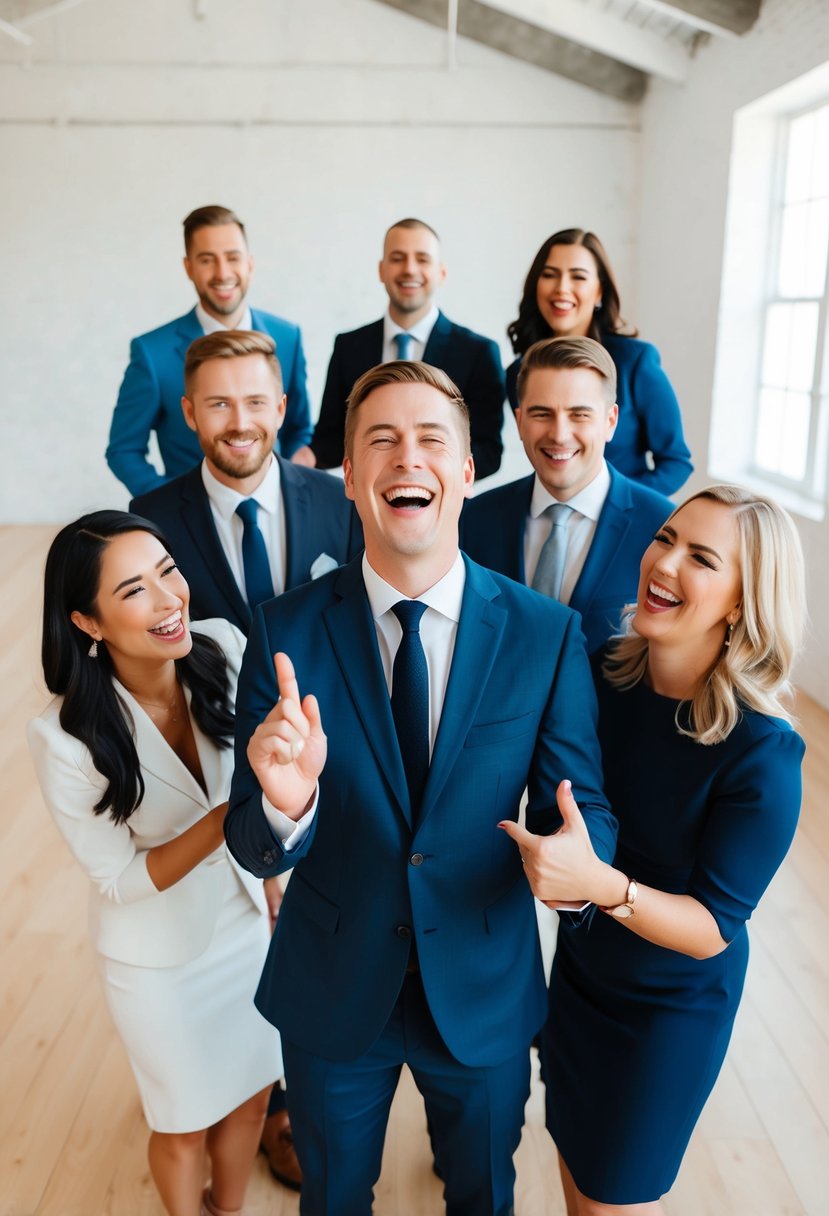 A group of people in formal attire laugh and pose for photos in a bright, airy room