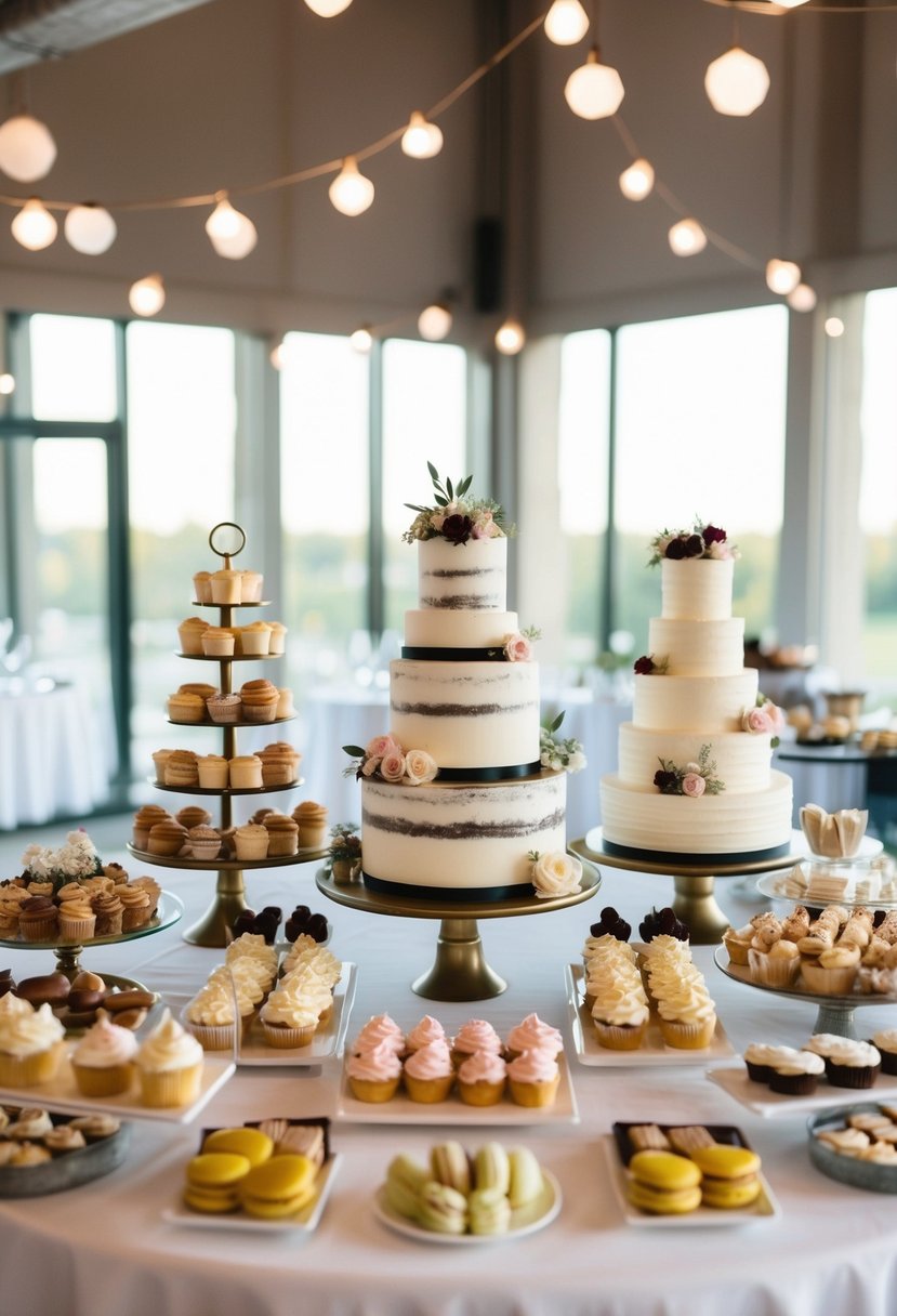 A table adorned with an array of elegant wedding desserts, including a tiered cake, cupcakes, macarons, and a variety of pastries