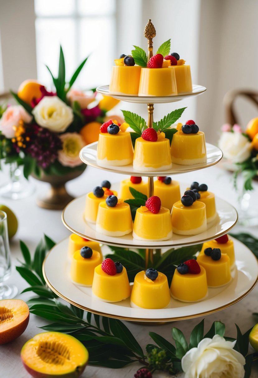 A elegant table setting with a tiered display of mango panna cotta desserts surrounded by fresh fruit and floral accents