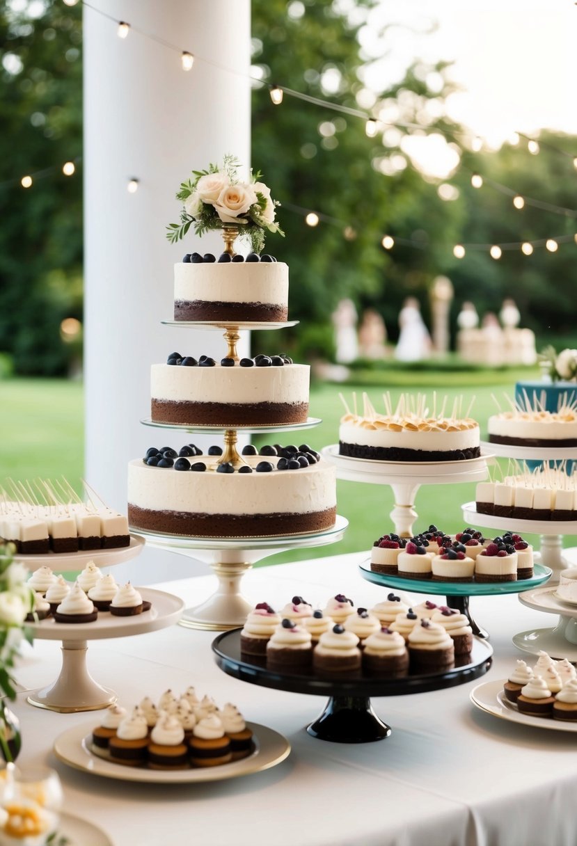 A beautifully decorated dessert table with an array of elegant wedding desserts and cakes displayed on tiered stands and platters