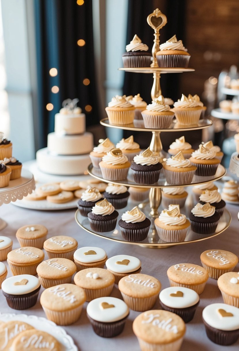 A table adorned with personalized cookies and cupcakes in wedding-themed designs