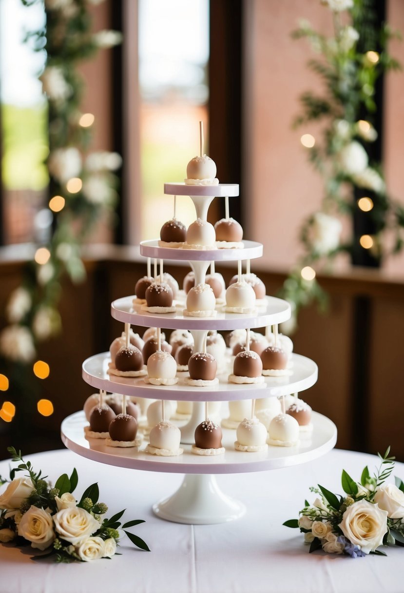 A tiered display of wedding cake pops surrounded by delicate floral arrangements