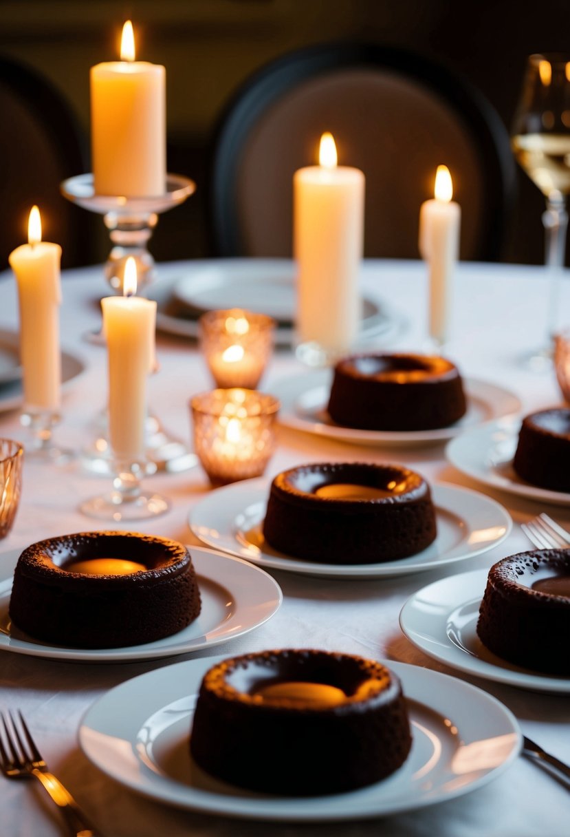 A table set with elegant chocolate molten cakes, surrounded by romantic candlelight