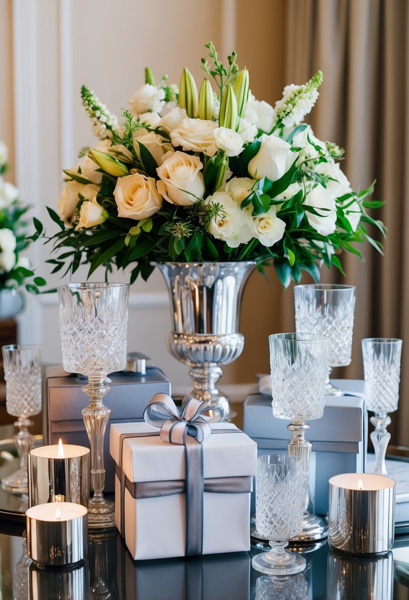 A lavish wedding gift display featuring crystal glassware, silver candle holders, and a bouquet of fresh flowers