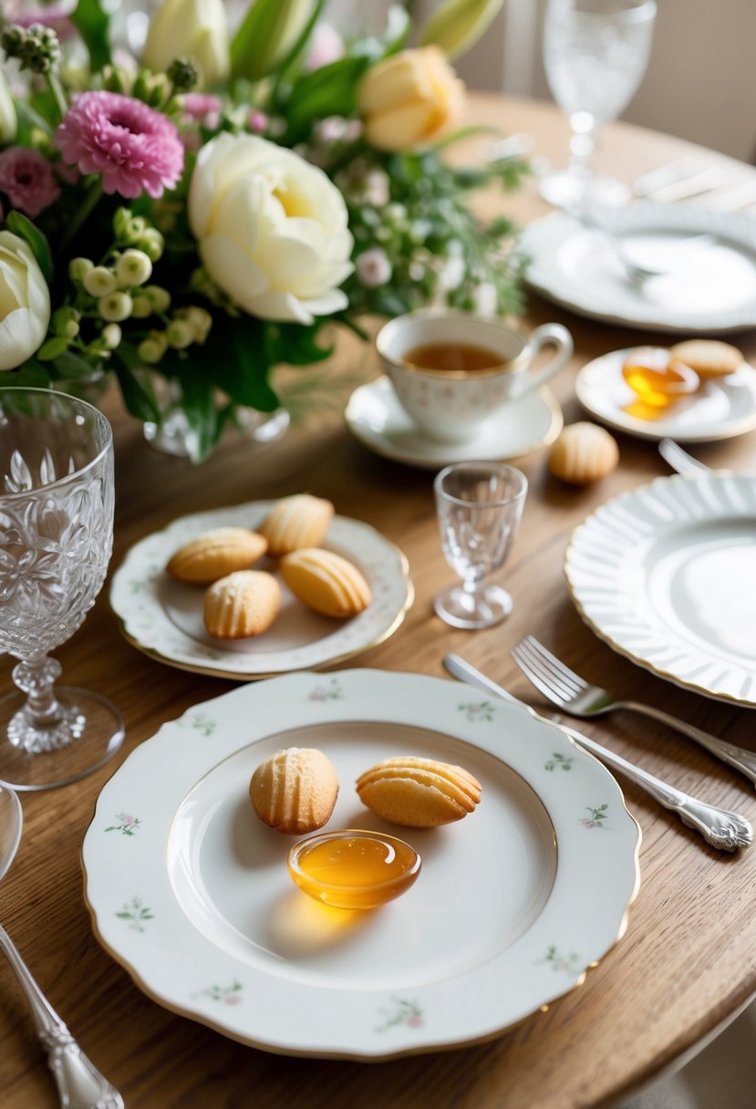 A table set with delicate honey madeleines, surrounded by fresh flowers and elegant tableware