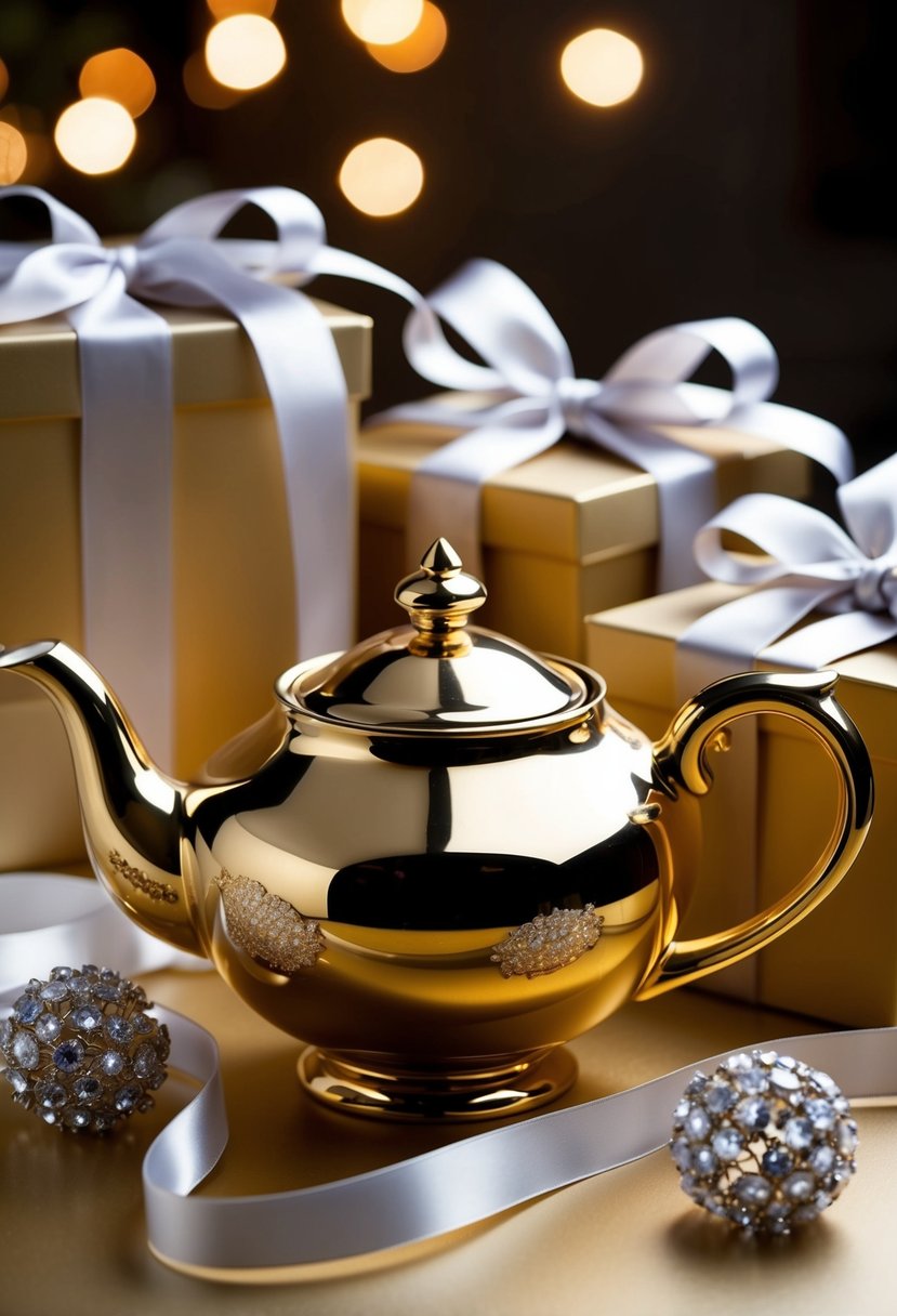 A luxurious gold teapot surrounded by elegant packaging and shimmering ribbons