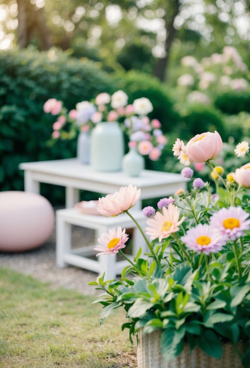 A serene garden setting with pastel flowers and simple decor