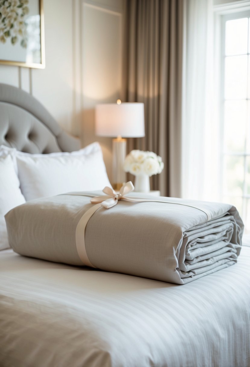 A beautifully wrapped bundle of luxurious Brooklinen linen bedding set on a pristine bed with elegant decor and soft lighting