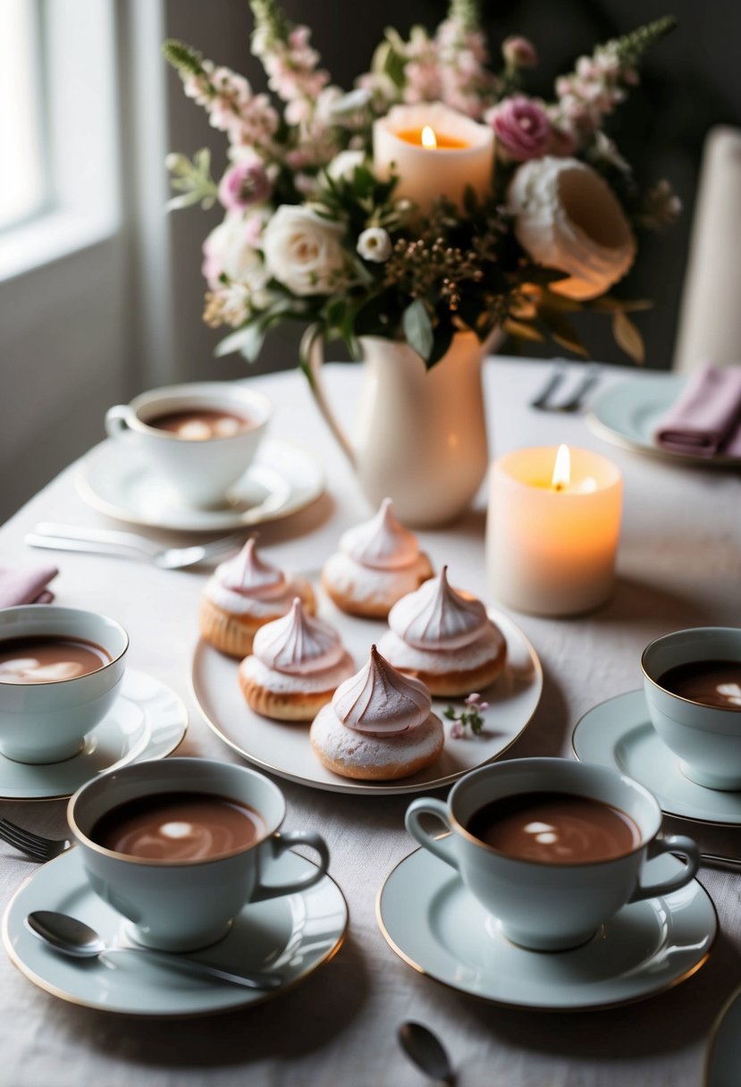 A table set with delicate meringues and steaming cups of hot chocolate, adorned with elegant floral arrangements and soft candlelight