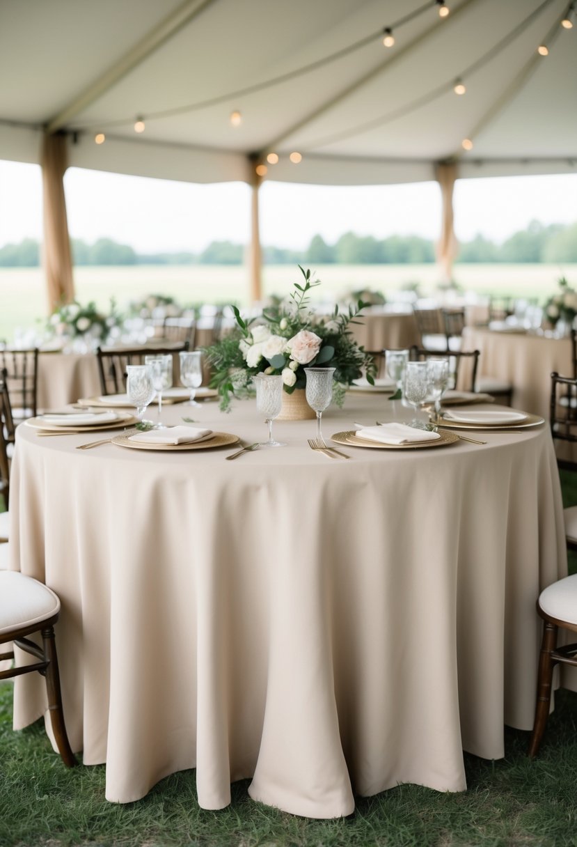 A table set with soft beige linens, simple and elegant for a neutral wedding